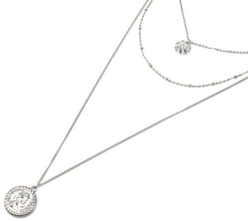 Collier-Triple-Chaine-avec-Medaille-Martelee-Boules-et-Piece-Acier-Argente