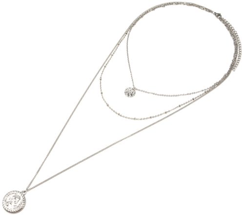 Collier-Triple-Chaine-avec-Medaille-Martelee-Boules-et-Piece-Acier-Argente