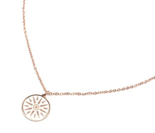 Collier-Fine-Chaine-avec-Pendentif-Medaille-Gravee-Soleil-Acier-Or-Rose