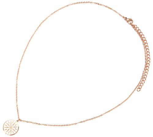 Collier-Fine-Chaine-avec-Pendentif-Medaille-Gravee-Soleil-Acier-Or-Rose