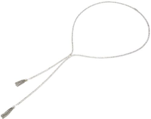 Sautoir-Collier-Style-Cravate-Bande-2-Rangs-Strass-et-Pompons-Metal-Argente