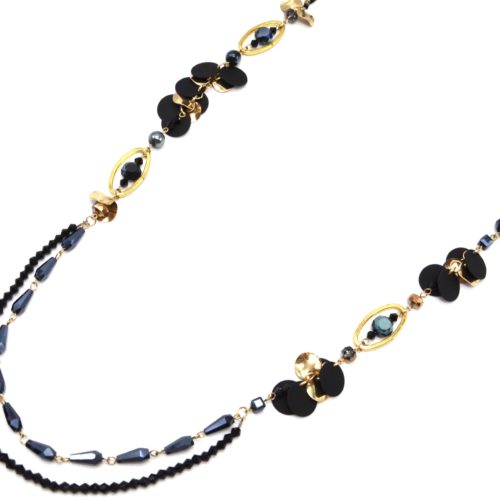 Sautoir-Collier-Cordons-avec-Perles-Ovales-et-Multi-Pieces-Metal-NoirDore