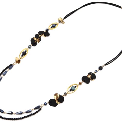 Sautoir-Collier-Cordons-avec-Perles-Ovales-et-Multi-Pieces-Metal-NoirDore