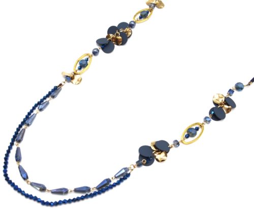 Sautoir-Collier-Cordons-avec-Perles-Ovales-et-Multi-Pieces-Metal-BleuDore