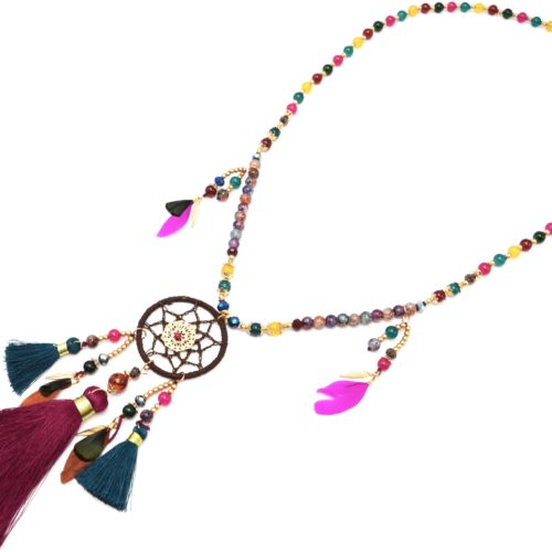 Sautoir-Collier-Perles-Verre-avec-Attrape-Reves-Plumes-et-Pompons-Multicolore-Dore