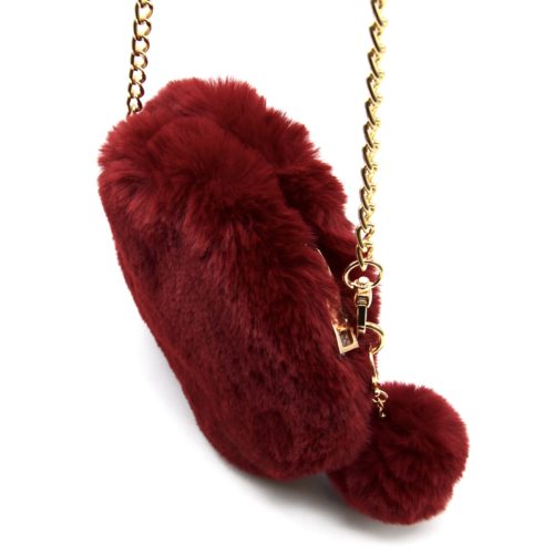Pochette-Sac-Bandouliere-Rond-Fourrure-Synthetique-avec-Pompon-Bordeaux