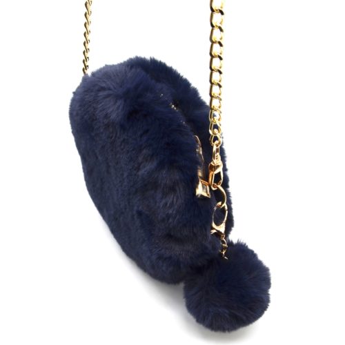 Pochette-Sac-Bandouliere-Rond-Fourrure-Synthetique-avec-Pompon-Bleu-Nuit