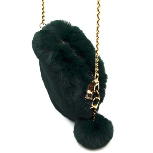 Pochette-Sac-Bandouliere-Rond-Fourrure-Synthetique-avec-Pompon-Vert-Sapin