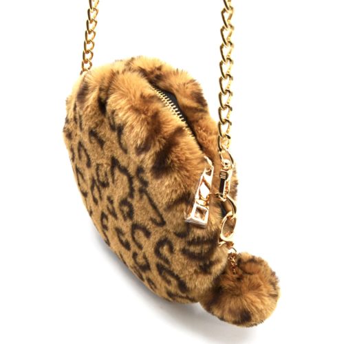 Pochette-Sac-Bandouliere-Rond-Fourrure-Synthetique-avec-Pompon-Leopard-Beige