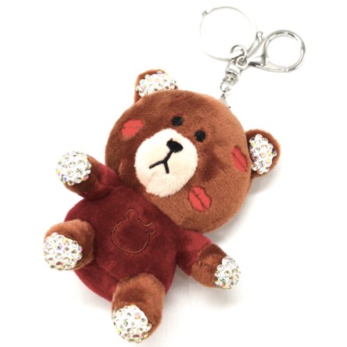 Porte-Cles-Bijou-de-Sac-Peluche-Ourson-XXL-Marron-Bordeaux-avec-Strass-et-Bisous