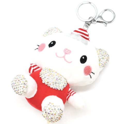 Porte-Cles-Bijou-de-Sac-Peluche-Chat-XXL-Blanc-Rouge-avec-Strass-et-Bonnet-Rayures