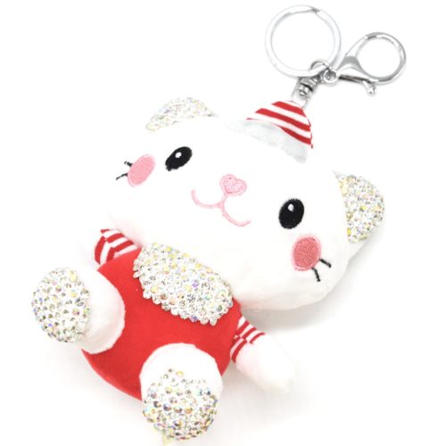 Porte-Cles-Bijou-de-Sac-Peluche-Chat-XXL-Blanc-Rouge-avec-Strass-et-Bonnet-Rayures