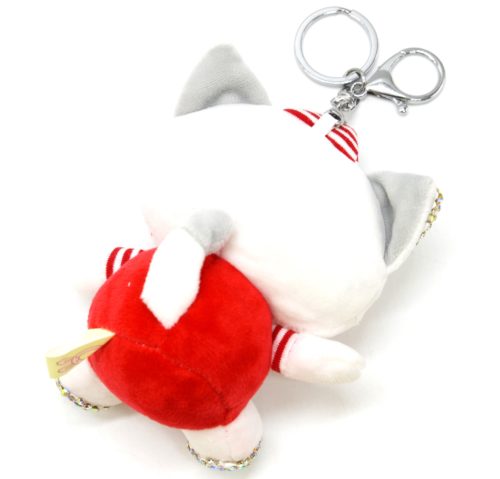 Porte-Cles-Bijou-de-Sac-Peluche-Chat-XXL-Blanc-Rouge-avec-Strass-et-Bonnet-Rayures