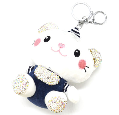 Porte-Cles-Bijou-de-Sac-Peluche-Chat-XXL-Blanc-Bleu-Nuit-avec-Strass-et-Bonnet-Rayures