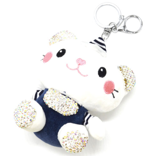 Porte-Cles-Bijou-de-Sac-Peluche-Chat-XXL-Blanc-Bleu-Nuit-avec-Strass-et-Bonnet-Rayures