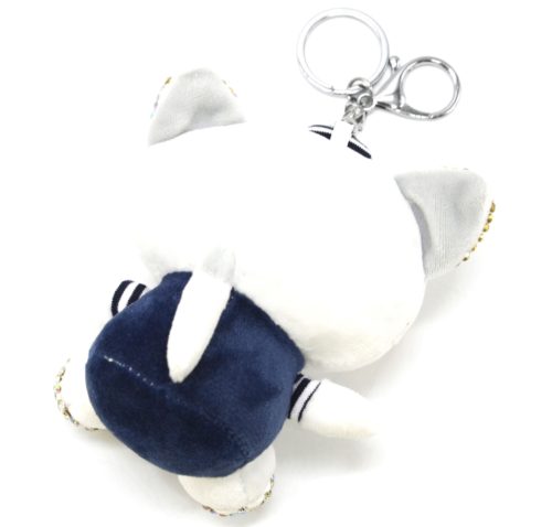 Porte-Cles-Bijou-de-Sac-Peluche-Chat-XXL-Blanc-Bleu-Nuit-avec-Strass-et-Bonnet-Rayures