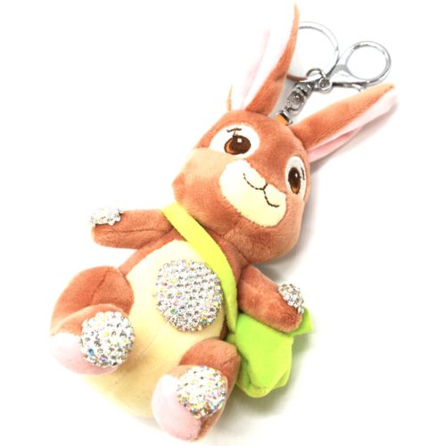 Porte-Cles-Bijou-de-Sac-Peluche-Lapin-XXL-Marron-Jaune-avec-Strass-et-Sacoche