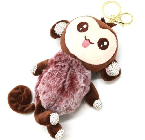 Porte-Cles-Bijou-de-Sac-Peluche-Singe-XXL-Marron-avec-Strass-et-Pompon-Fourrure-Rose-Fonce