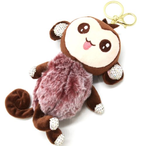 Porte-Cles-Bijou-de-Sac-Peluche-Singe-XXL-Marron-avec-Strass-et-Pompon-Fourrure-Rose-Fonce