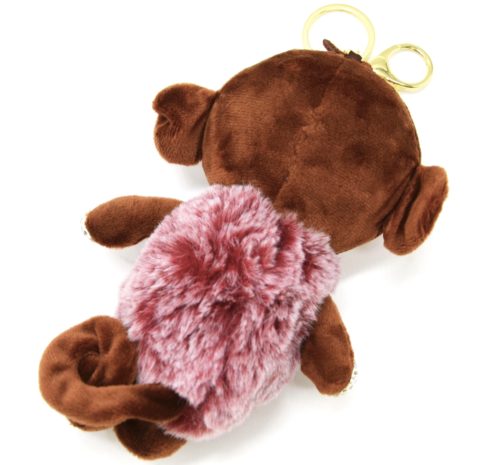 Porte-Cles-Bijou-de-Sac-Peluche-Singe-XXL-Marron-avec-Strass-et-Pompon-Fourrure-Rose-Fonce