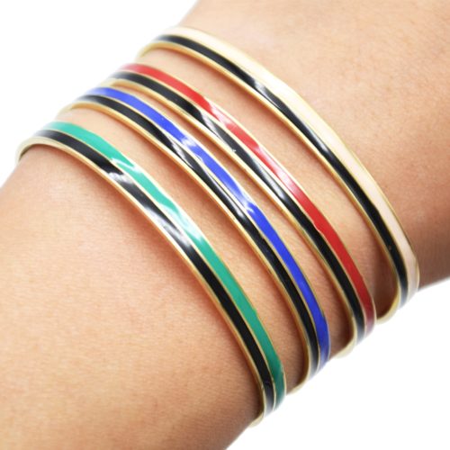 Bracelet-Jonc-et-Chaine-Acier-Dore-avec-Bandes-Email-Noir-Couleur