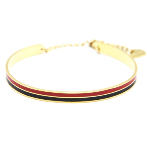 Bracelet-Jonc-et-Chaine-Acier-Dore-avec-Bandes-Email-Noir-Rouge