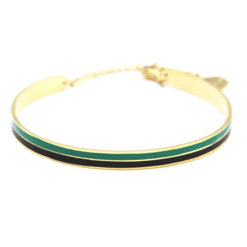 Bracelet-Jonc-et-Chaine-Acier-Dore-avec-Bandes-Email-Noir-Vert