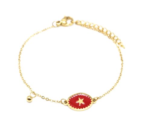 Bracelet-Fine-Chaine-Acier-Dore-avec-Ovale-Email-Rouge-Motif-Etoile