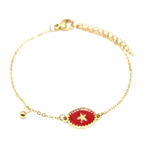 Bracelet-Fine-Chaine-Acier-Dore-avec-Ovale-Email-Rouge-Motif-Etoile