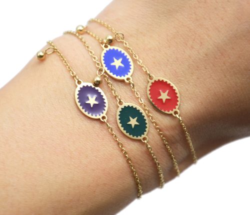 Bracelet-Fine-Chaine-Acier-Dore-avec-Ovale-Email-Couleur-Motif-Etoile