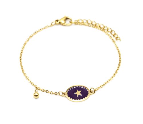 Bracelet-Fine-Chaine-Acier-Dore-avec-Ovale-Email-Violet-Fonce-Motif-Etoile