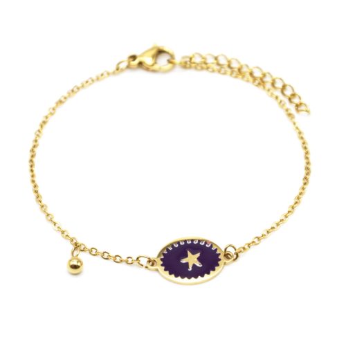 Bracelet-Fine-Chaine-Acier-Dore-avec-Ovale-Email-Violet-Fonce-Motif-Etoile