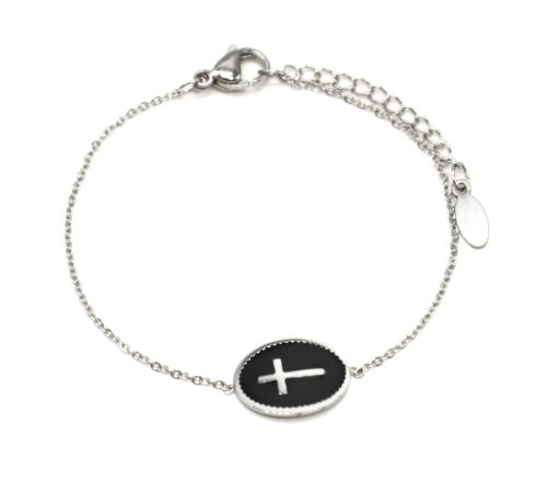 Bracelet-Fine-Chaine-Acier-Argente-avec-Charm-Ovale-Email-Noir-Motif-Croix