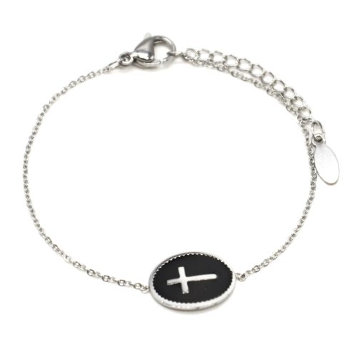 Bracelet-Fine-Chaine-Acier-Argente-avec-Charm-Ovale-Email-Noir-Motif-Croix