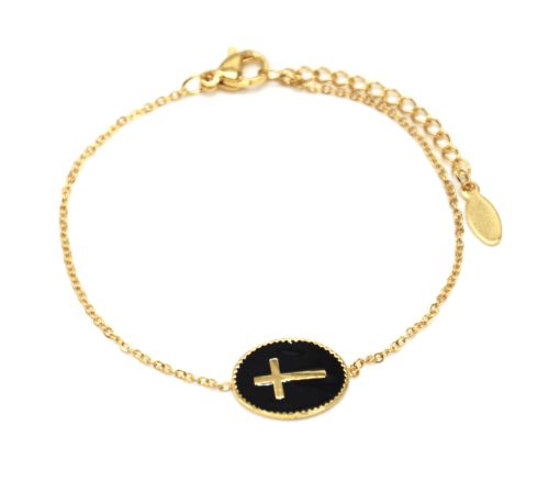 Bracelet-Fine-Chaine-Acier-Dore-avec-Charm-Ovale-Email-Noir-Motif-Croix