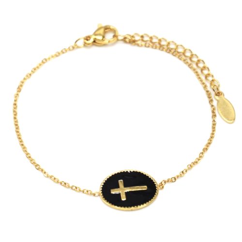 Bracelet-Fine-Chaine-Acier-Dore-avec-Charm-Ovale-Email-Noir-Motif-Croix