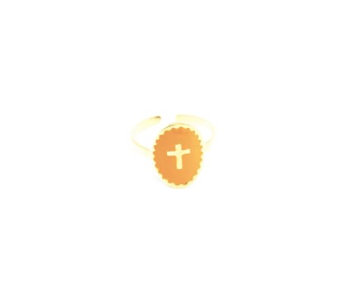 Bague-Fine-Acier-Dore-avec-Ovale-Email-Jaune-Moutarde-Motif-Croix