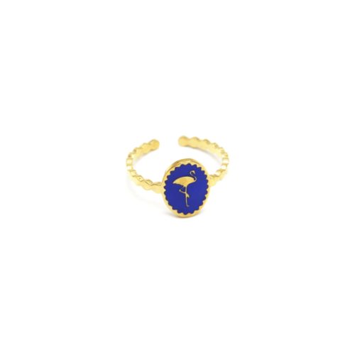 Bague-Fine-Ondulee-Acier-Dore-avec-Ovale-Email-Bleu-Motif-Flamant-Rose