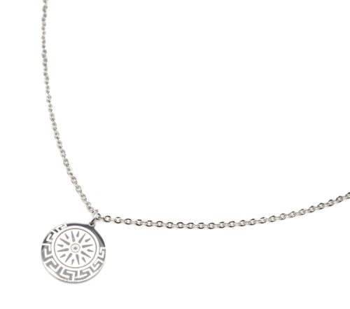Collier-Fine-Chaine-avec-Pendentif-Medaille-Gravee-Soleil-et-Motif-Grec-Acier-Argente