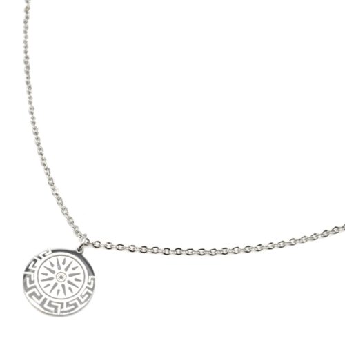 Collier-Fine-Chaine-avec-Pendentif-Medaille-Gravee-Soleil-et-Motif-Grec-Acier-Argente