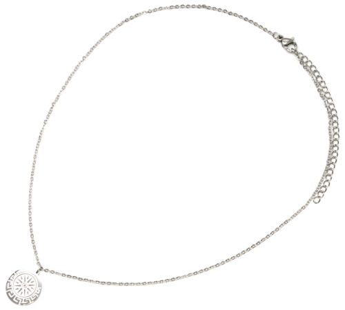 Collier-Fine-Chaine-avec-Pendentif-Medaille-Gravee-Soleil-et-Motif-Grec-Acier-Argente