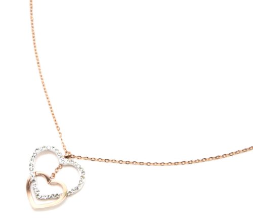 Collier-Fine-Chaine-avec-Pendentif-Double-Coeurs-Contour-Acier-Or-Rose-et-Strass