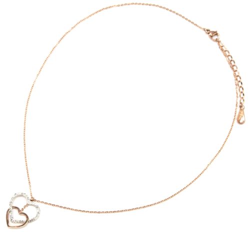 Collier-Fine-Chaine-avec-Pendentif-Double-Coeurs-Contour-Acier-Or-Rose-et-Strass