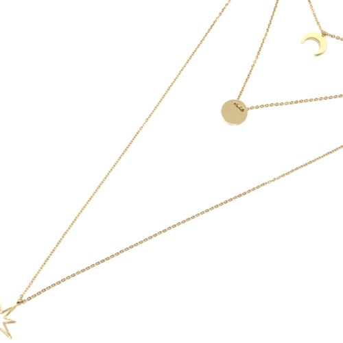 Collier-Triple-Chaine-avec-Corne-Medaille-et-Etoile-Polaire-Contour-Acier-Dore