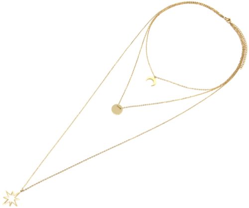 Collier-Triple-Chaine-avec-Corne-Medaille-et-Etoile-Polaire-Contour-Acier-Dore
