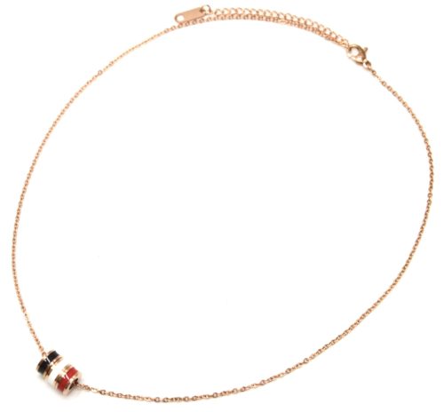 Collier-Fine-Chaine-Acier-Or-Rose-avec-Anneaux-Bande-Email-Noir-Blanc-Rouge