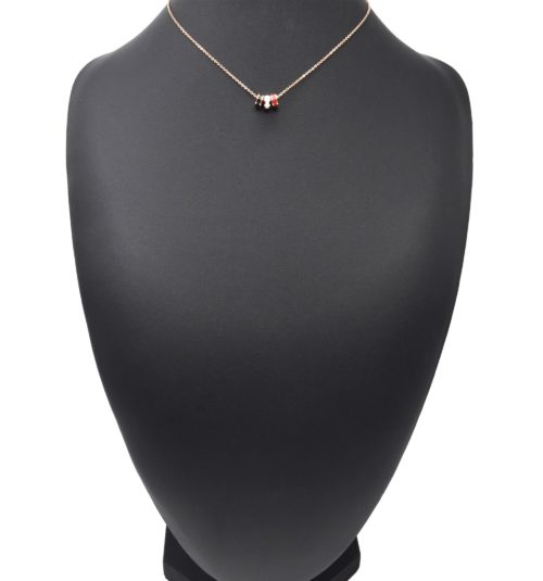 Collier-Fine-Chaine-Acier-Or-Rose-avec-Anneaux-Bande-Email-Noir-Blanc-Rouge