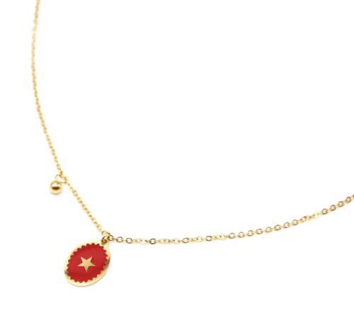 Collier-Fine-Chaine-Acier-Dore-avec-Ovale-Email-Rouge-Motif-Etoile