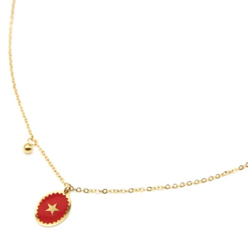 Collier-Fine-Chaine-Acier-Dore-avec-Ovale-Email-Rouge-Motif-Etoile