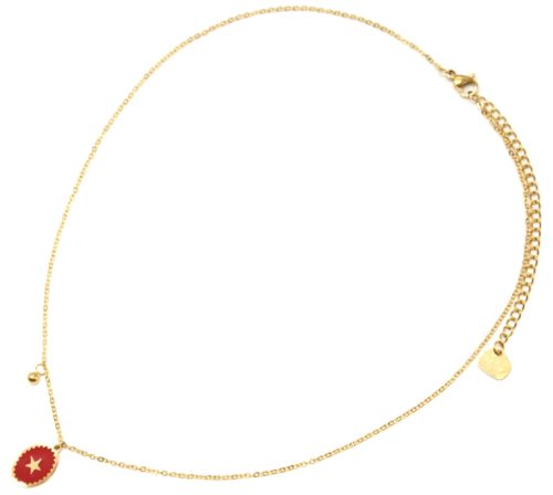 Collier-Fine-Chaine-Acier-Dore-avec-Ovale-Email-Rouge-Motif-Etoile